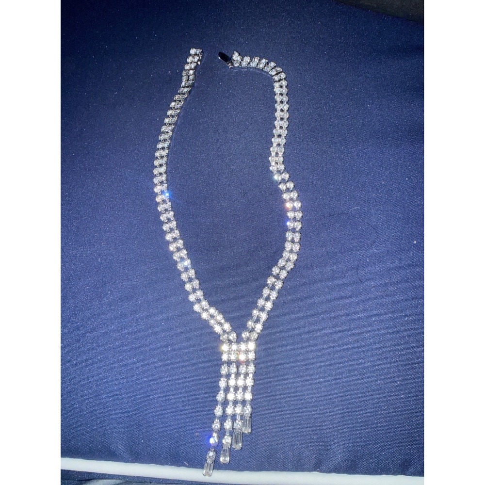 Vintage Silver Tone Double Strand Rhinestone Tiered Fringe Drop Y Necklace